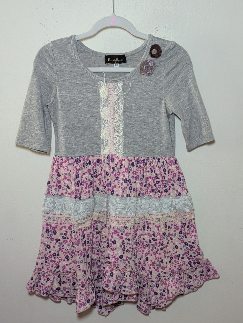 Hannah Banana Cottagecore Gray + Pink Dress with Fabric Flowers + Lace Size 6X